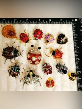 14pc Vintage Style Ladybug Beetle Brooch Pin Lot Colorful Enamel Rhinestone Art